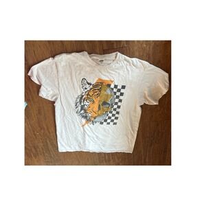 Delta Pro Weight Tiger Skull Graphic‎ Tee Shirt vintage Mens Large Cropped Raw
